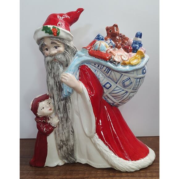 Vintage Ceramic Old World Santa and Child Figurine Statue Hand Painted Toy Bag - Picture 1 of 5